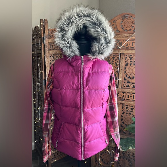 EDDIE BAUER Down Filled Puffy Vest w/ Faux Fur on Hoodie SZ M - Picture 1 of 9